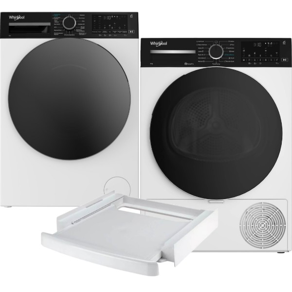 Фото - Комплект техніки Whirlpool Пральна машина з фронтальним завантаженням + Сушильна машина + Комплект кріплень для встановлення в колону Whirlpool WAM 81WB UA + WP B9X WBS UA + SKS101 White